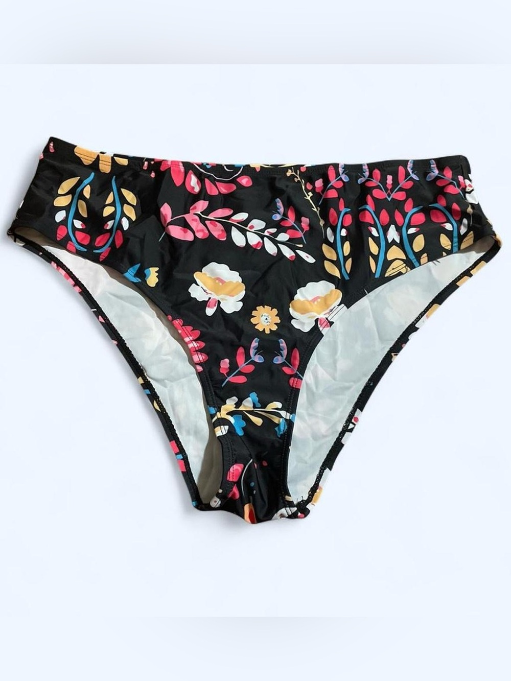 SHEIN Black Floral High-Waist Bikini Bottom with Pink, Yellow & Blue Prints